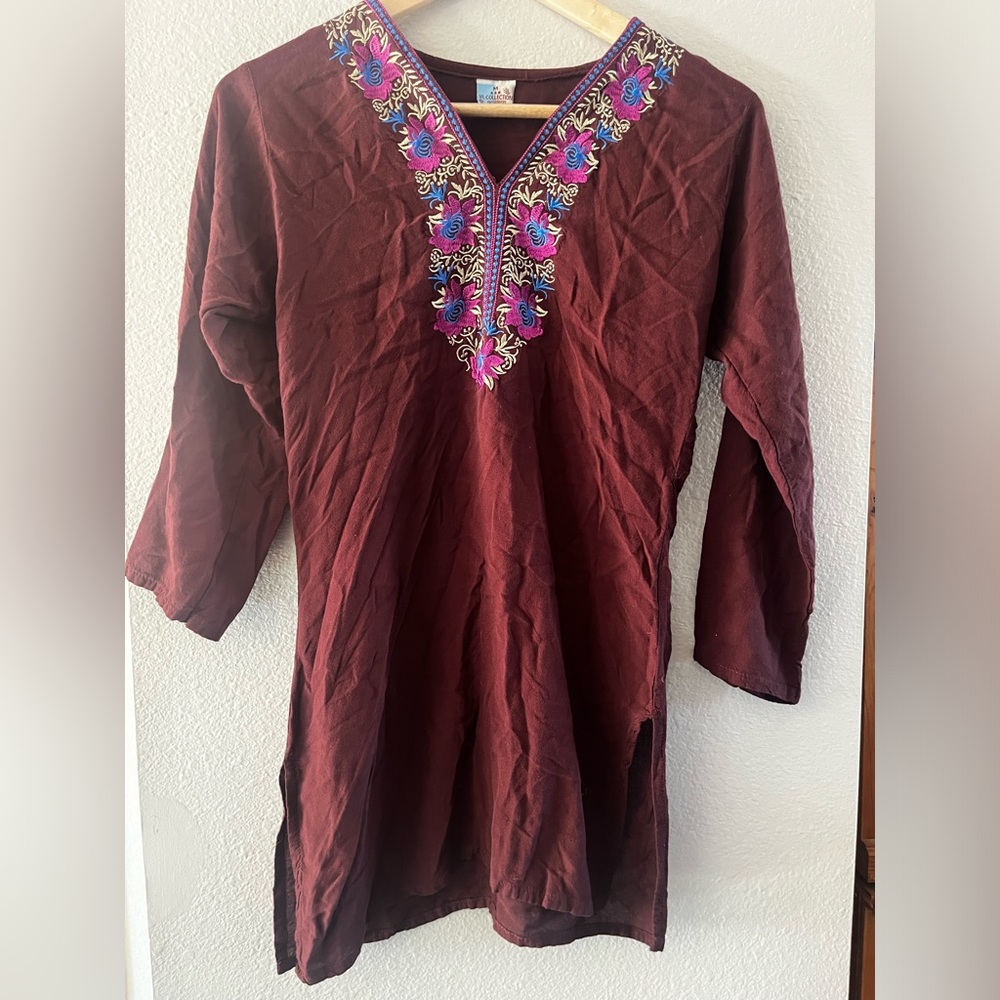 VL Collection‎ SZ Medium Pakistan Embroidered Tunic Caftan Burgundy w/flowers